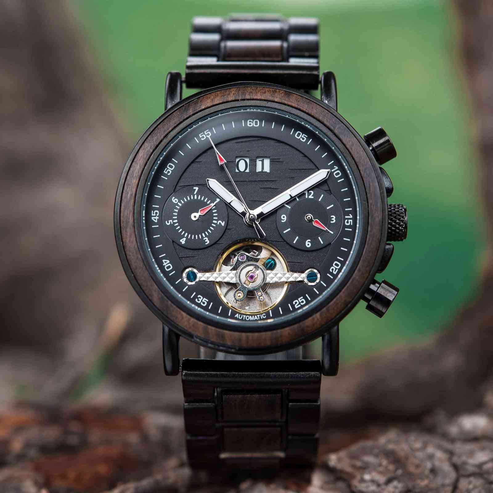 Ebony Automatic Mechanical Movement Wood Watch Black - Achilles