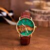 Men Wooden Watch Leather Epoxy Resin Wristwatch Brown Gold Green - Breena
