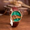 Men Wooden Watch Leather Epoxy Resin Wristwatch Brown Gold Green - Breena
