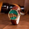 Men Wooden Watch Leather Epoxy Resin Wristwatch Brown Gold Green - Breena