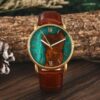Men Wooden Watch Leather Epoxy Resin Wristwatch Brown Gold Green - Breena