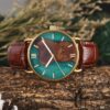 Men Wooden Watch Leather Epoxy Resin Wristwatch Brown Gold Green - Breena