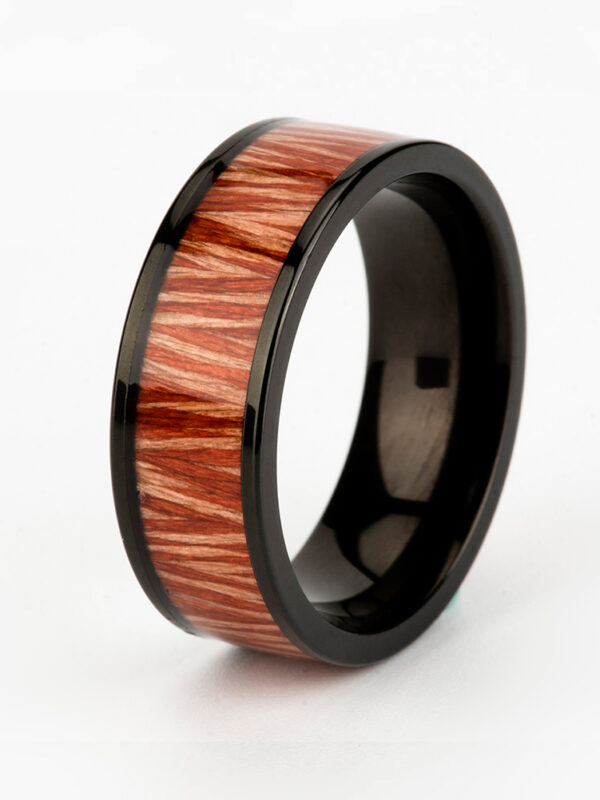 Black Brushed Hammered Tungsten Carbide Ring With Rosewood Inlay - Men's 8mm Wedding Band