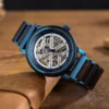 Premium Skeleton Mechanical Wooden Watch For Men Handmade Ebony Stainless Steel Blue
