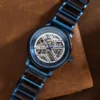 Premium Skeleton Mechanical Wooden Watch For Men Handmade Ebony Stainless Steel Blue