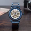 Premium Skeleton Mechanical Wooden Watch For Men Handmade Ebony Stainless Steel Blue