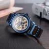Premium Skeleton Mechanical Wooden Watch For Men Handmade Ebony Stainless Steel Blue
