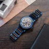 Premium Skeleton Mechanical Wooden Watch For Men Handmade Ebony Stainless Steel Blue