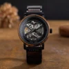 Premium Wooden Watch Skeleton Mechanical Handmade Tigerwood Stainless Steel Black