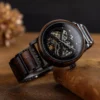 Premium Wooden Watch Skeleton Mechanical Handmade Tigerwood Stainless Steel Black