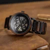 Premium Wooden Watch Skeleton Mechanical Handmade Tigerwood Stainless Steel Black