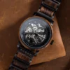 Premium Wooden Watch Skeleton Mechanical Handmade Tigerwood Stainless Steel Black