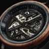 Premium Wooden Watch Skeleton Mechanical Handmade Tigerwood Stainless Steel Black
