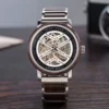 Handmade Natural Ebony Stainless Steel Premium Skeleton Mechanical Wooden Watches For Men