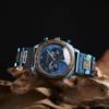 Wooden Watch Handcrafted Blue Chronograph Calendar In Natural Zebrawood - Artisan 44Mm