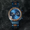 Wooden Watch Handcrafted Blue Chronograph Calendar In Natural Zebrawood - Artisan 44Mm