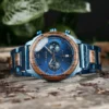 Wooden Watch Handcrafted Blue Chronograph Calendar In Natural Zebrawood - Artisan 44Mm