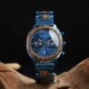 Wooden Watch Handcrafted Blue Chronograph Calendar In Natural Zebrawood - Artisan 44Mm